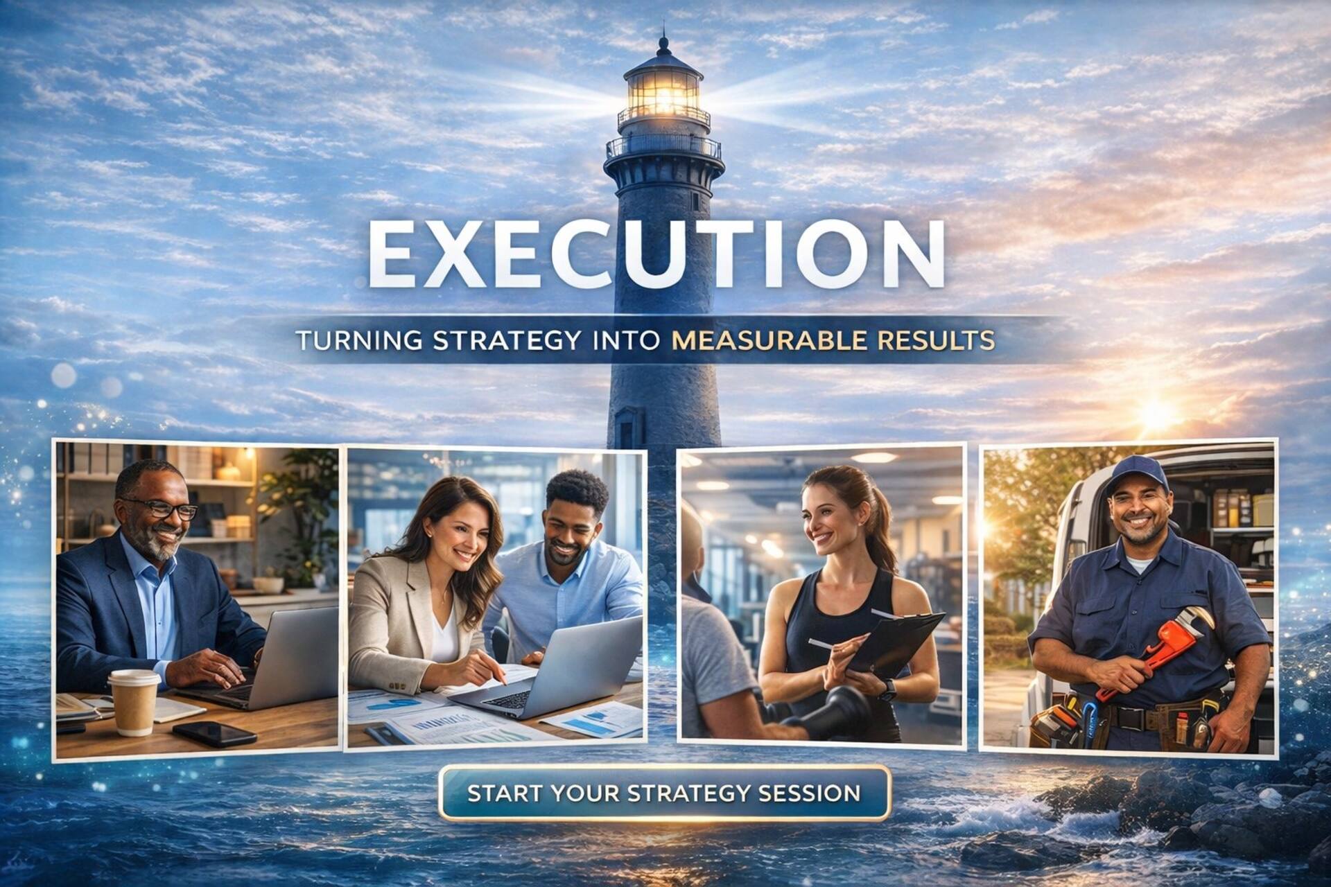 Business professionals representing the diverse clients served by Cross Lighthouse Solutions — consultant, professional, fitness trainer, contractor